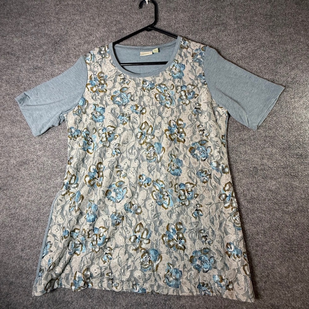 Logo Lounge Womens Blue Floral Lace Front Mixed Media Knit Top Size M